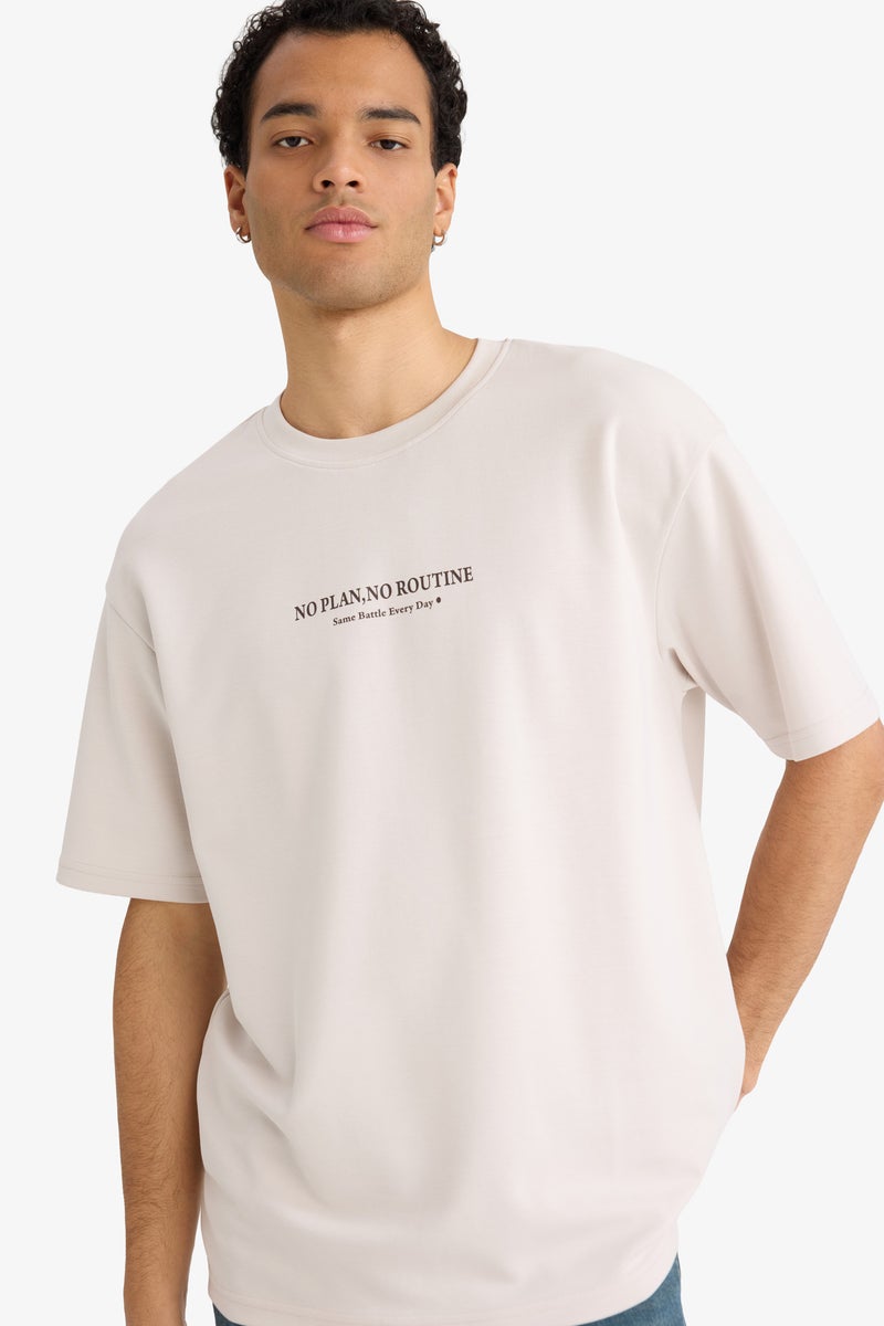 DeFacto Beige Man Boxy Fit Crew Neck Short Sleeve Printed T-Shirt Casual - Image 1